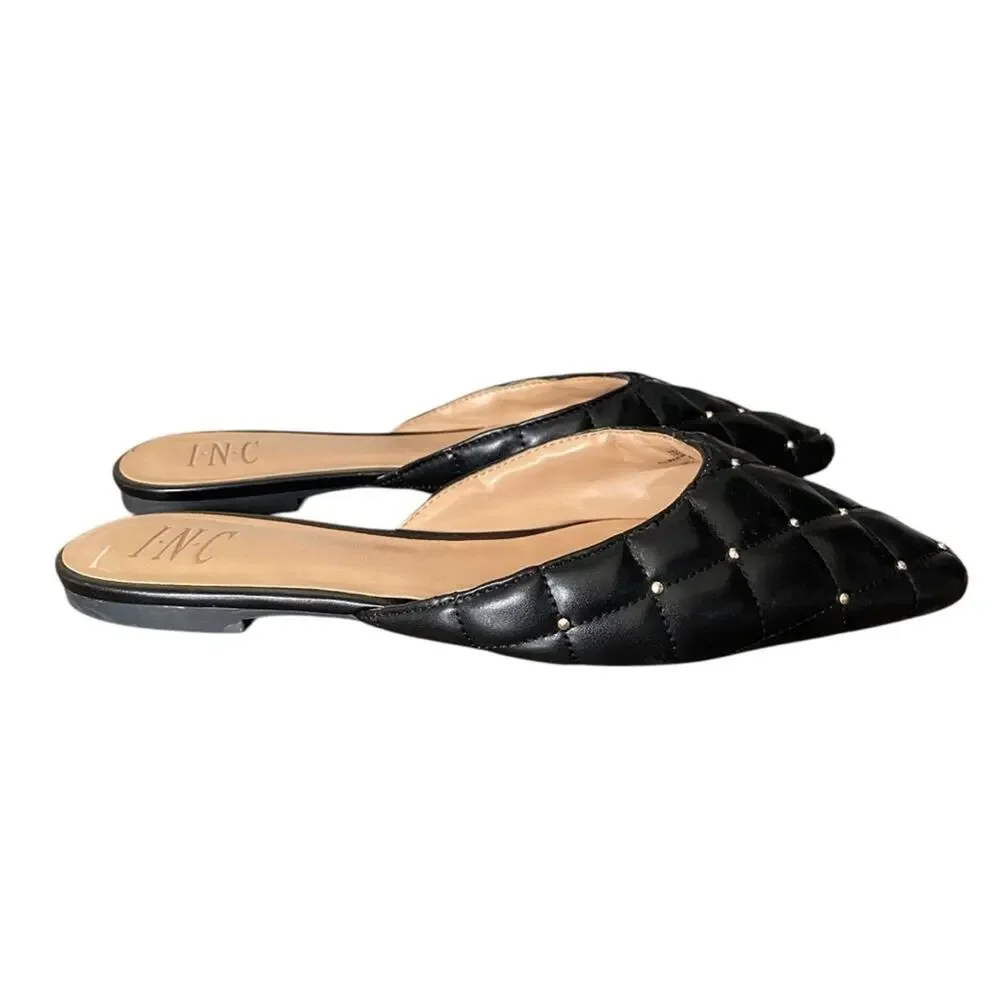 INC International Concepts Black Faux Leather Quilted Studded Mule Flats size 9